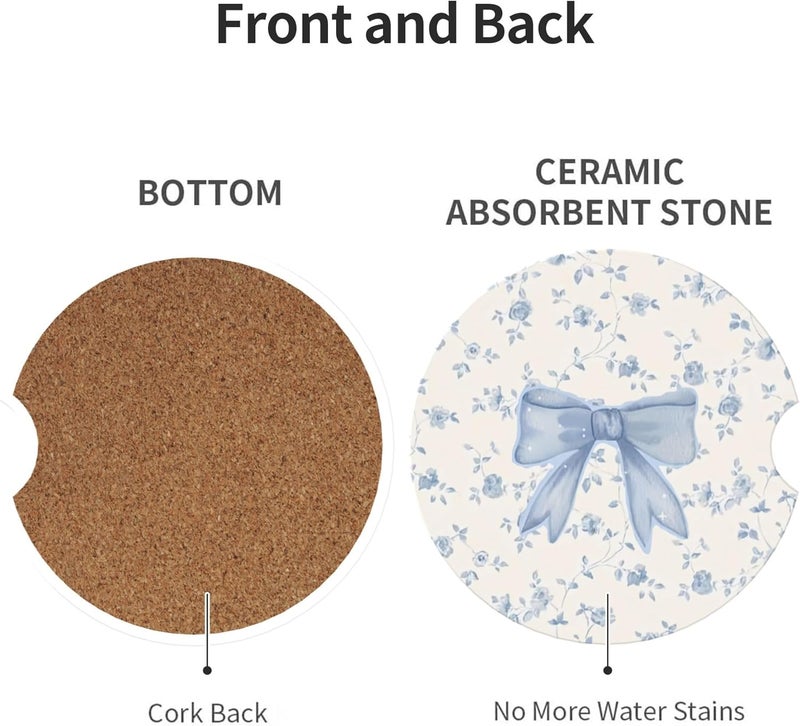 CTVSLFU Absorbent Car Coasters for Cup Holders, 2 Pack Universal Anti Slip Ceramic Cup Coaster for Women Men 2.56 Inch Car Interior Accessories - Blue Bow Tie Flower - Image 2